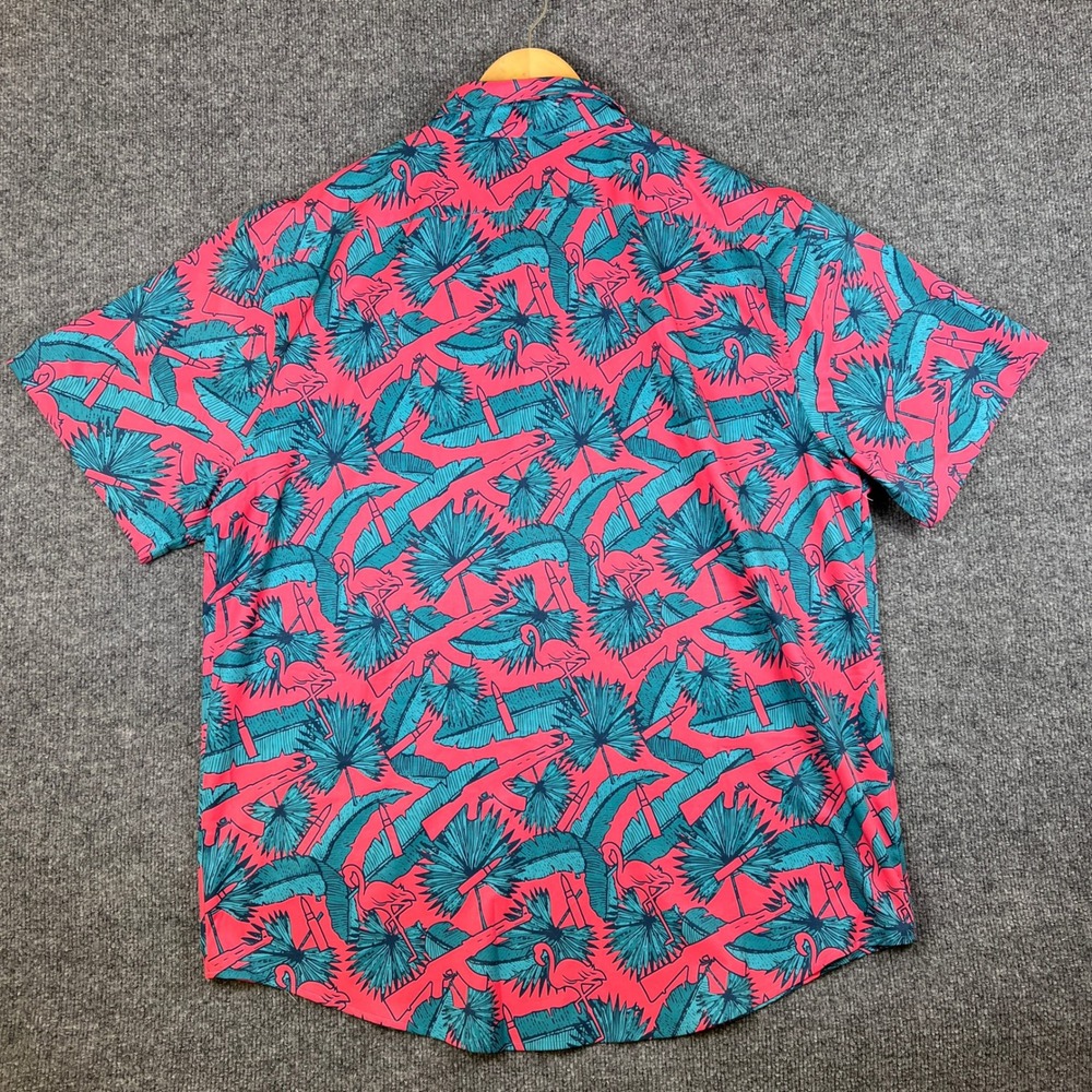 Savage Tacticians Button Up Shirt Mens 3XL AK Tropical Pink Flamingos AK47 Guns - Picture 2 of 8